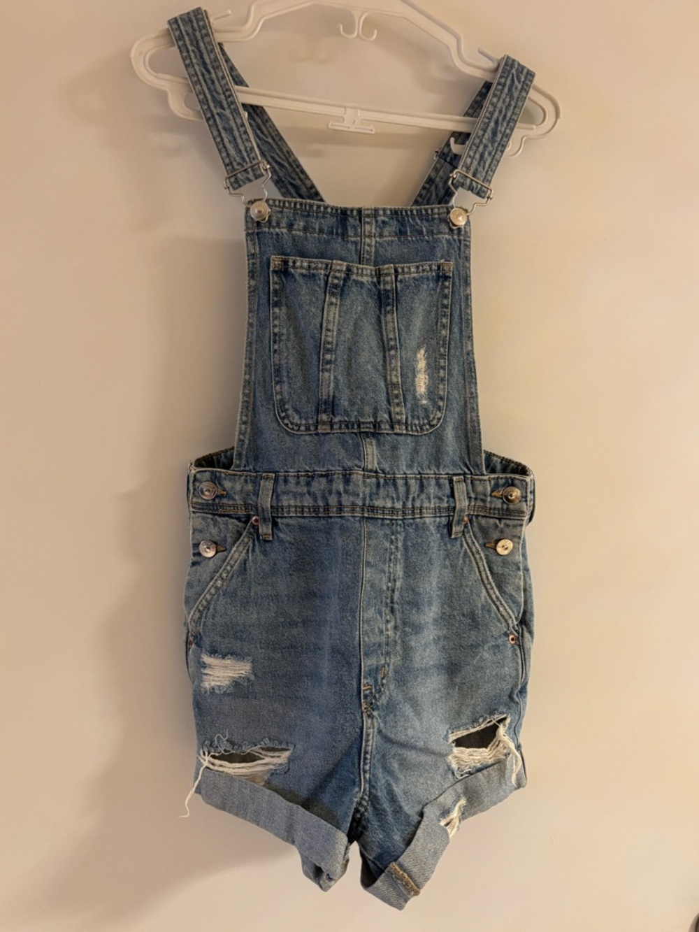 Distressed Denim Short Overalls - Blue